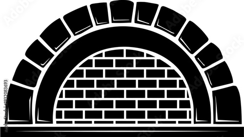 Stylized black and white illustration of an arched structure, with brick detailing