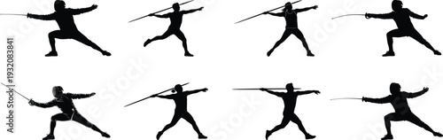 Martial arts silhouettes with sword fighting poses