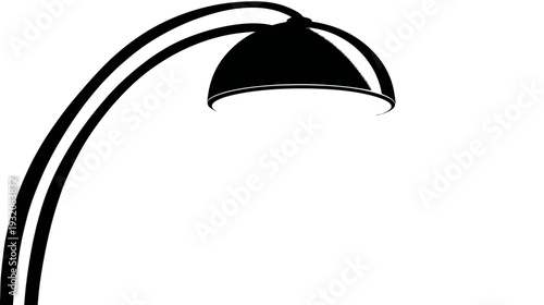 Silhouetted illustration of a modern, arc-shaped floor fixture. It has a curved arm and a conical shade