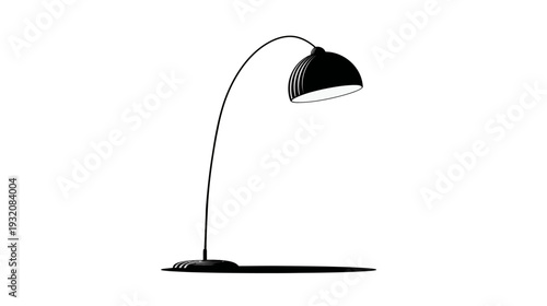 A black and white illustration of a modern floor lamp, with a curved arm and circular base