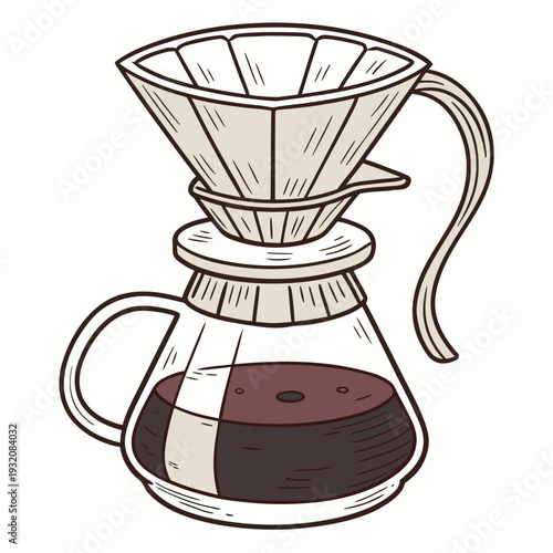 Hand-drawn pour-over coffee brewer with dripper and glass carafe for artisanal coffee culture and home brewing