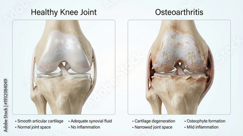 Healthy Knee Joint vs Osteoarthritis Anatomy Comparison 3D Illustration