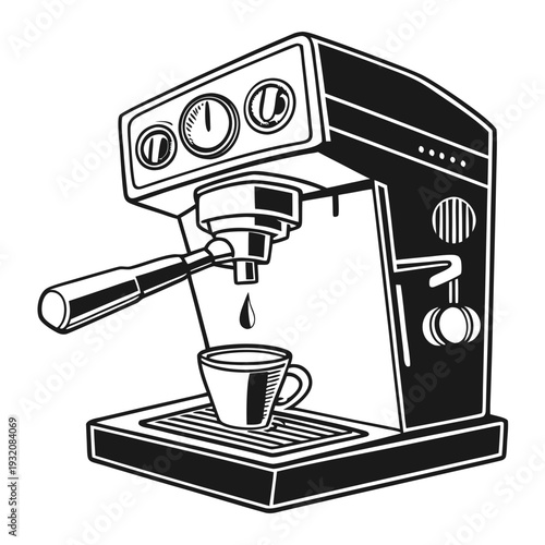 Black and white illustration of professional espresso machine dripping rich coffee into small cup beneath spout