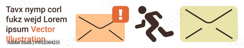 Email communication, message alert, notifications, delivery systems, workflow management, inbox handling. Two envelopes, one with an alert icon and a running figure. Message alert and email