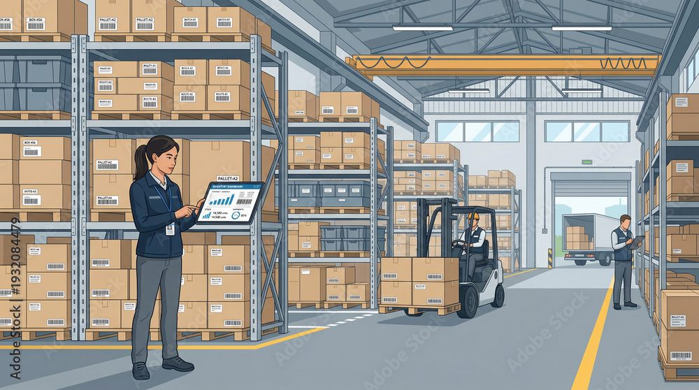 Naklejka premium Modern Warehouse Operations with Workers Managing Inventory and Logistics Using Digital Technology