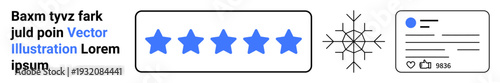 User feedback, social media, rating system, online reviews, digital communication, winter . Five blue stars, snowflake design profile card with icons. User feedback and social media concepts