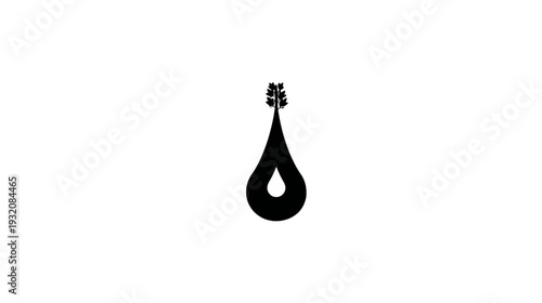 A black and white design with a stylized plant on top of a water droplet shape