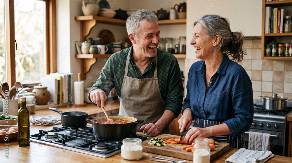 Fototapeta premium Couple Cooking Together in Kitchen