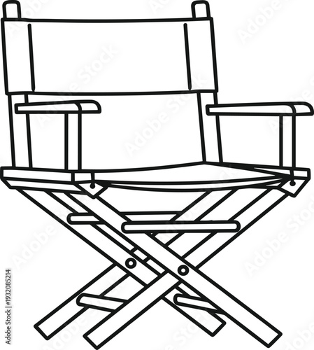 Director chair, film set, black and white, line drawing, folding seat, canvas backrest, movie production, minimalist sketch, entertainment icon