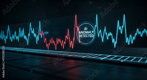 AI anomaly detection concept. On a holographic data stream, an anomalous spike appears and is instantly circled by an AI with an 