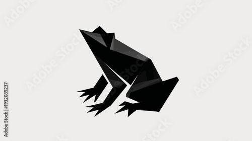 A black, geometric frog design, created with sharp angles and a monochromatic palette, on a white ground