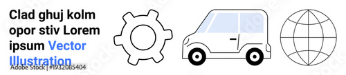Technology, logistics, mechanics, globalization, innovation, transportation. Image a gear, a compact car and a globe. Technology and logistics highlighted through symbols of connectivity
