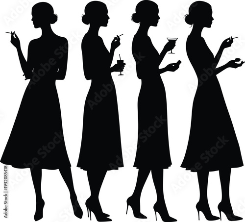 Elegant woman silhouettes smoking and drinking—retro fashion, vintage glamour, nightlife, 1950s style, cocktail party, classic evening dress.