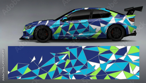 Custom car wrap design featuring a vibrant abstract geometric pattern with blue, green, and white triangles, displayed on a sports coupe and as a standalone graphic.