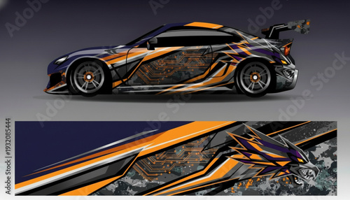 Sleek sports car featuring a custom, aggressive orange and black graphic wrap with intricate circuit board patterns.