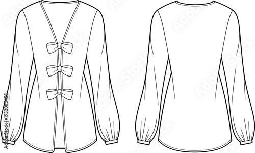 Elegant women blouse with front bow tie design, long sleeve top fashion technical flat, detailed cad drawing vector illustration