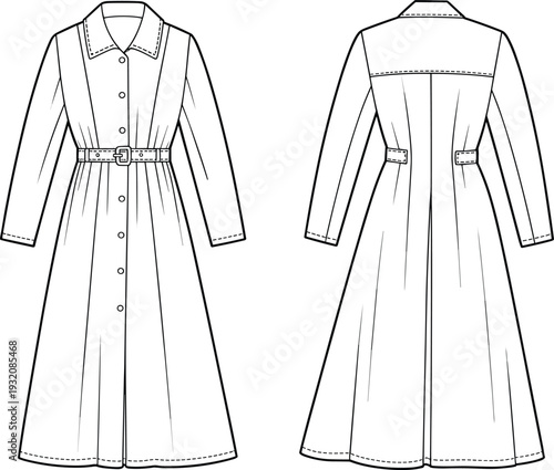 Elegant long sleeve trench coat dress technical flat sketch, front and back view, button down design with waist belt, stylish fashion illustration