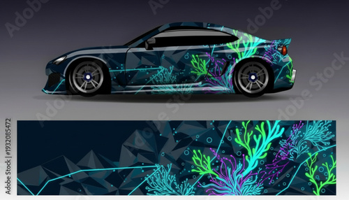 A car with a vibrant underwater coral and geometric polygonal wrap design.