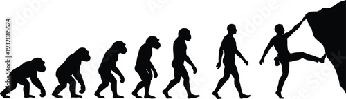 Evolution of human from ape to modern climber, silhouette concept on white background, progress stages, science, history, and achievement.