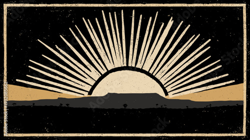 A retro art print depicting the sun rising over a mountain range, stylized in a vintage aesthetic