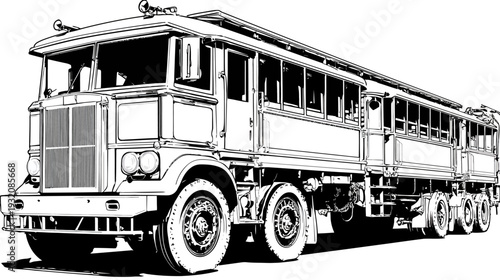 A detailed black and white illustration of a vintage, multi-axle passenger bus or coach