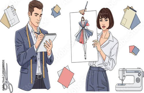 Fashion designers sketching clothing ideas, creative teamwork with sewing machine, fabric samples, design concept drawing, tailoring process, professional fashion studio illustration