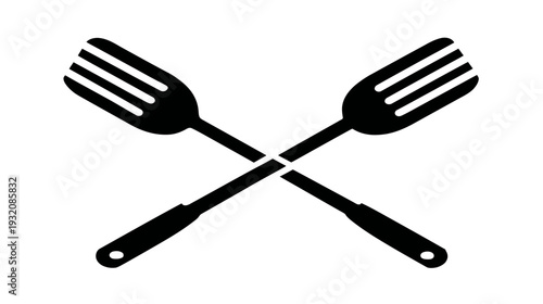 A black and white graphic depicting two crossed utensils with tines/forks design