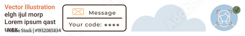 Cybersecurity, data protection, verification, user authentication, secure communication, privacy. ion of a code input field, message icon and user profile. Cybersecurity and data protection concept