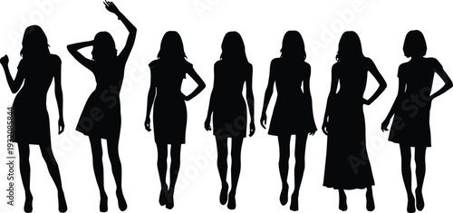 Fashionable young women silhouettes in various poses and dresses, elegant female figures walking and posing, vector illustration with reflections