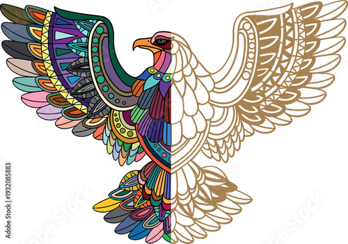 Zentangle Eagle Illustration, Half Colored and Half Line Art Design with Colorful Mandala Patterns and Gold Outlines