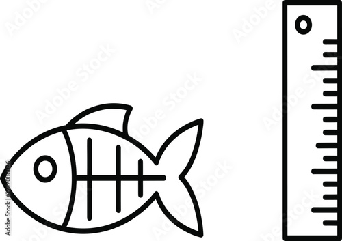 Fish skeleton illustration, ruler icon, black and white drawing, fishing measurement, minimal design, biology symbol, seafood concept, vector art, clean lines