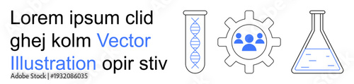Biotechnology, genetics, teamwork, scientific research, laboratory processes, data analysis. DNA strand in test tube, people in cogwheel conical flask. Biotechnology and genetics concept