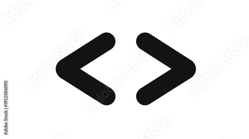 A minimalist icon featuring two black angular brackets, symmetrically arranged on a white background