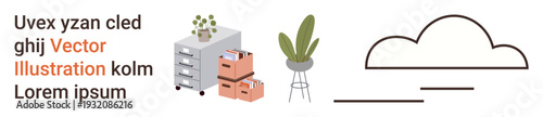 Office interiors, work organization, minimalist design, digital workspace, decor, workflow ideas. Filing cabinet, paper trays plant abstract cloud. Office interiors and workflow organization