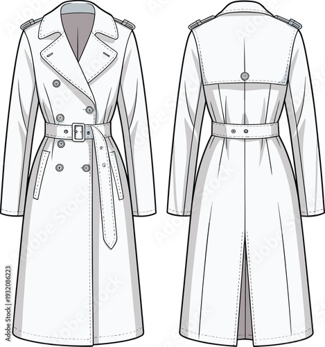 Flat vector CAD illustration of trench coat template with epaulettes, double-breasted front, belted waist, button flap, back vent