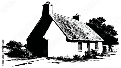 A black and white illustration of a quaint cottage with a thatched roof