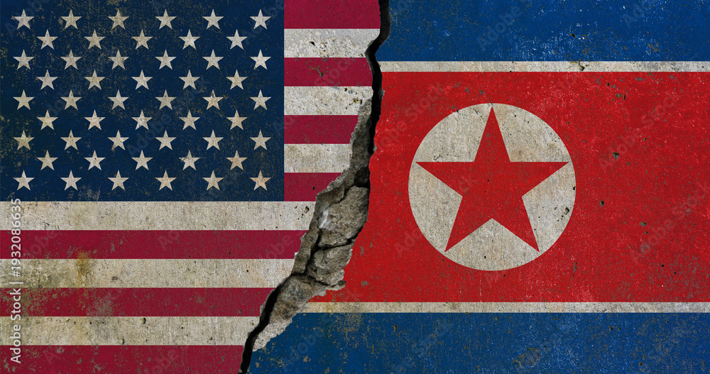 Obraz premium United States and North Korea flags divided by cracked wall symbolizing geopolitical tension