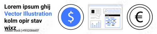 Finance, banking, digital payment, stock analysis, international currency exchange, economic growth. Circular dollar and euro icons with a financial dashboard interface. Finance and banking