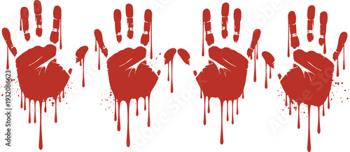 Bloody handprint splatter illustration with dripping red paint effect isolated on white background horror crime Halloween vector design