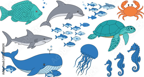 Colorful marine life illustration featuring fish, dolphin, shark, whale, turtle, crab, jellyfish, and seahorses in ocean scene vector cartoon style