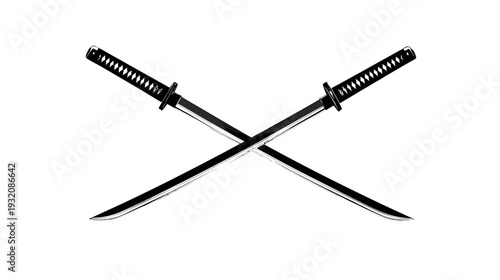 Crossed swords illustration, black and white. Detailed design of two crossed blades against a plain background