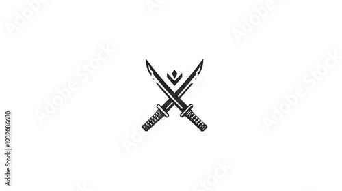 Black and white illustration of two crossed swords with a central geometric shape on a white backdrop
