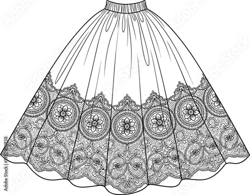 Elegant vintage skirt with intricate floral lace ornament, detailed fashion garment outline drawing isolated on white background, vector illustration design