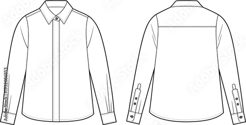Formal long sleeve shirt front and back view, elegant fashion apparel design, office wear clothing template, detailed cad drawing, flat vector illustration