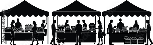 Farmers market silhouette scene, people buying fresh fruits and vegetables at outdoor street stalls, black and white vector illustration