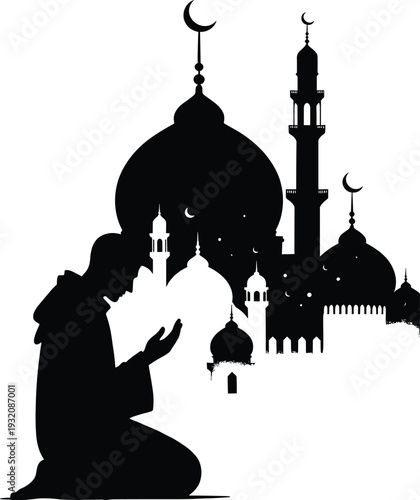 Islamic prayer silhouette with mosque dome and minaret, Muslim man praying at night, crescent moon Ramadan Kareem vector illustration isolated background