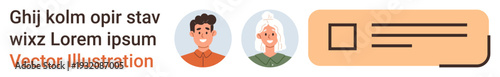 User interface, identity verification, profile management, communication, design templates, digital platforms. Male and female avatar icons with a text block. Identity verification and profile