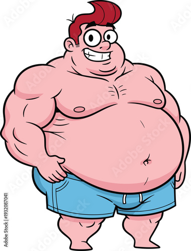 Funny cartoon muscular fat man smiling, flat vector character in shorts, chubby strong guy illustration for fitness and humor design