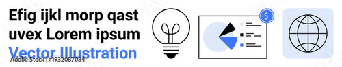 Lightbulb concept, pie chart with dollar sign for analytics, globe for global reach, text placeholder. Ideal for business strategy, innovation, data, finance, global trends connectivity simple