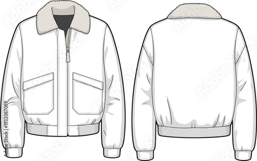 Fur collar jacket CAD drawing, flat vector fashion illustration with flap pockets, ribbed cuffs, zipper front, front and back views